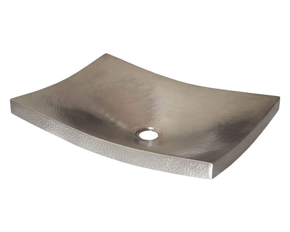 Brushed nickel vessel sink with curved rectangular basin and hammered texture finish.