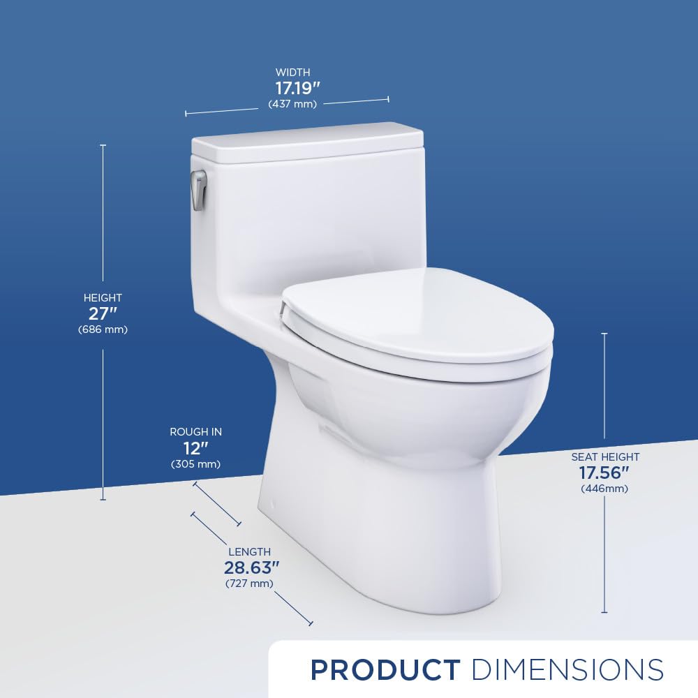 White one-piece elongated toilet with closed seat lid, showing dimensions: 17.19" width, 27" height, 28.63" length, 12" rough