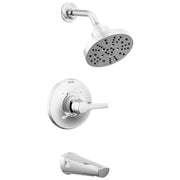 Chrome tub shower trim with round showerhead, lever handle valve, and tub spout.