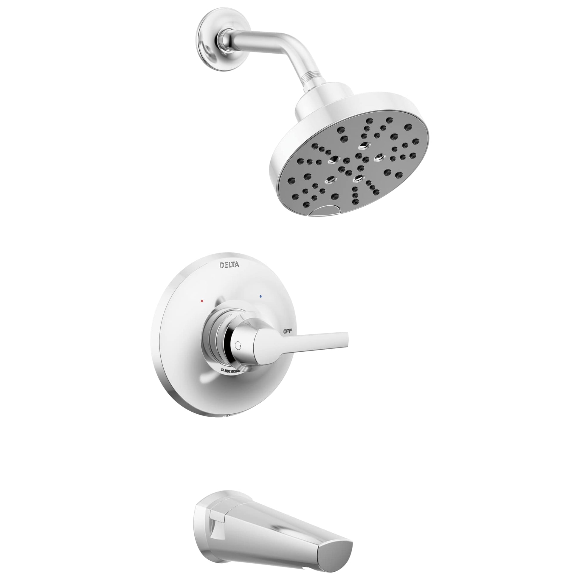 Chrome tub shower trim with round showerhead, lever handle valve, and tub spout.