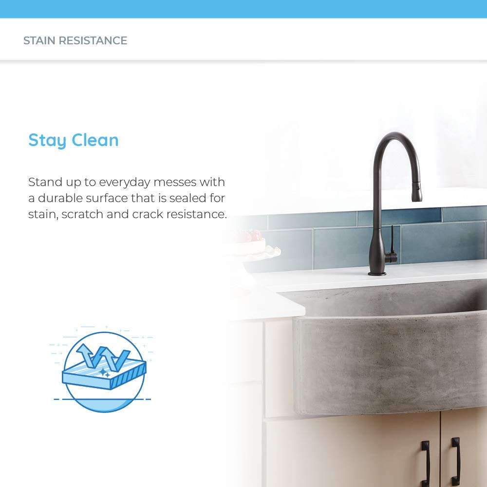 Ash-colored concrete bar sink with black curved faucet installed in white cabinet with blue tile backsplash.