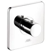 Chrome thermostatic shower trim with rounded square escutcheon plate and cylindrical control valve handle.