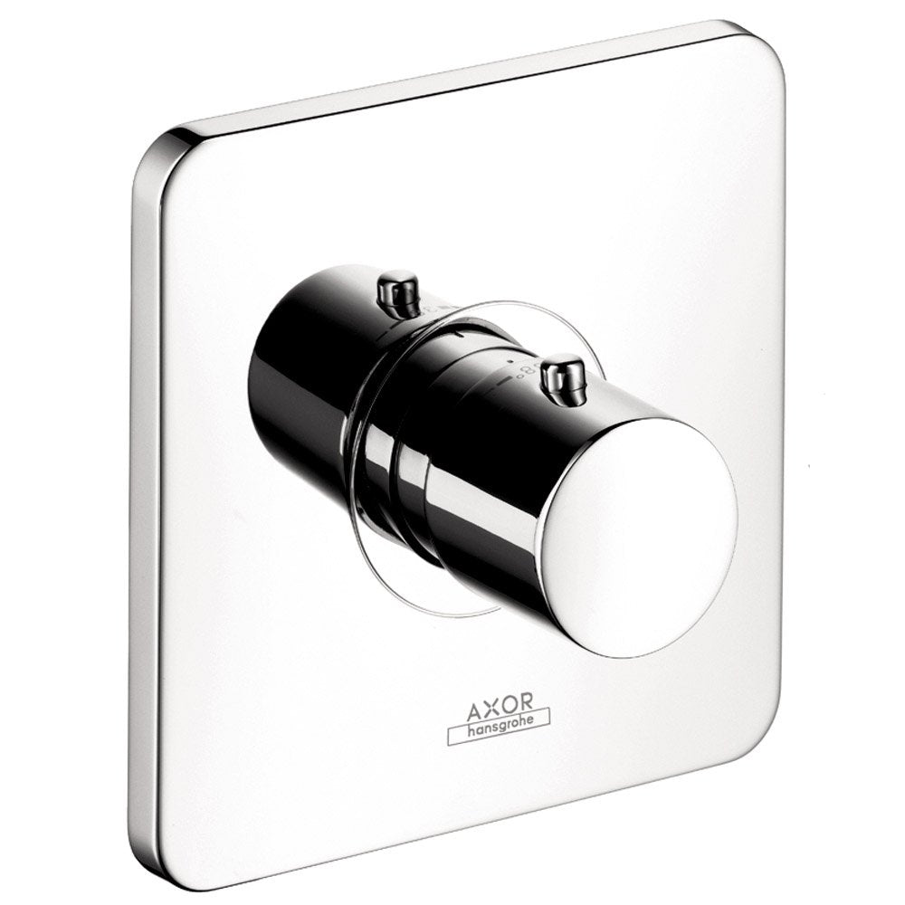 Chrome thermostatic shower trim with rounded square escutcheon plate and cylindrical control valve handle.