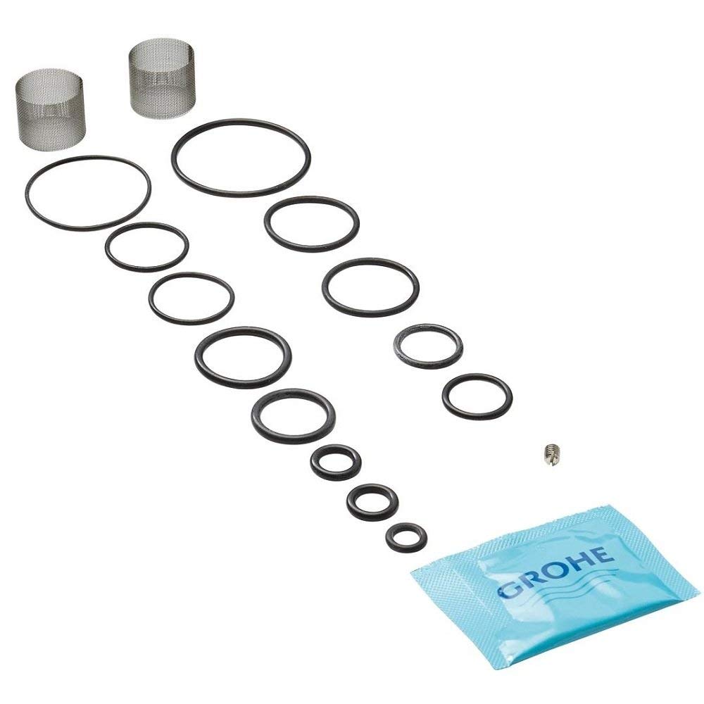 Grohe seal kit containing two mesh strainers, multiple black rubber O-rings in various sizes, one metal screw, and blue packe