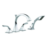 Chrome roman tub faucet with curved spout and two matching handle controls, plus detachable hand shower.