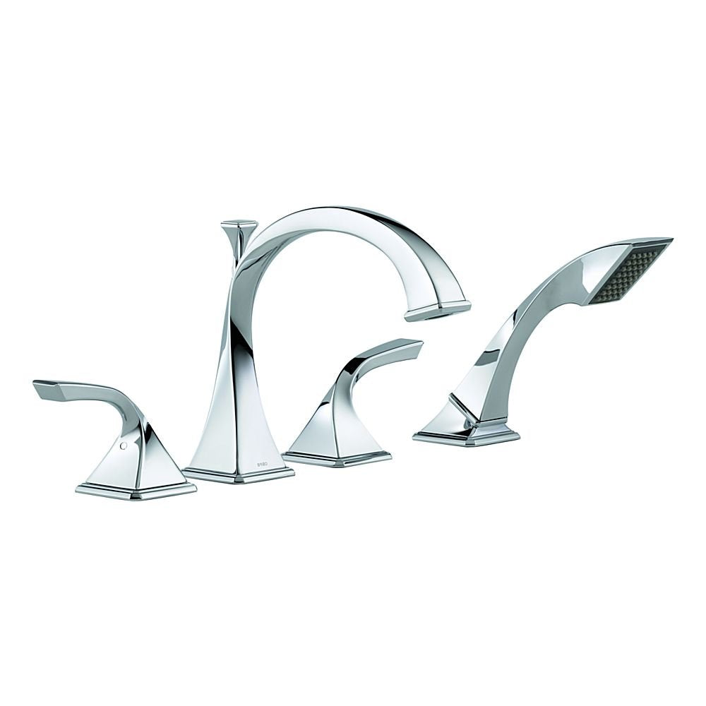 Chrome roman tub faucet with curved spout and two matching handle controls, plus detachable hand shower.