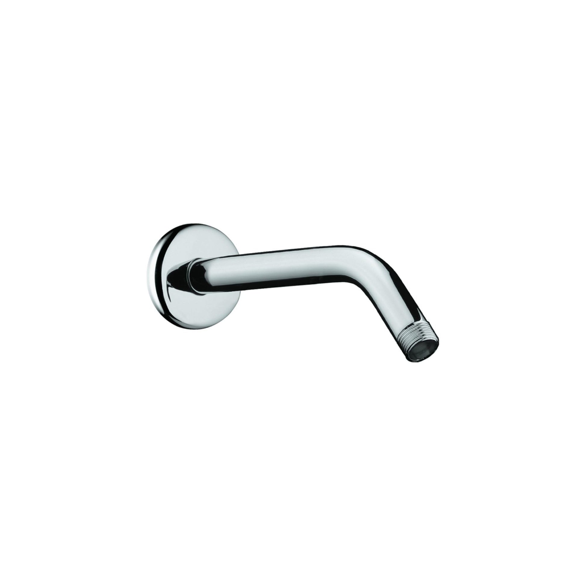 Chrome shower arm with wall-mounted circular escutcheon plate and angled outlet connection.