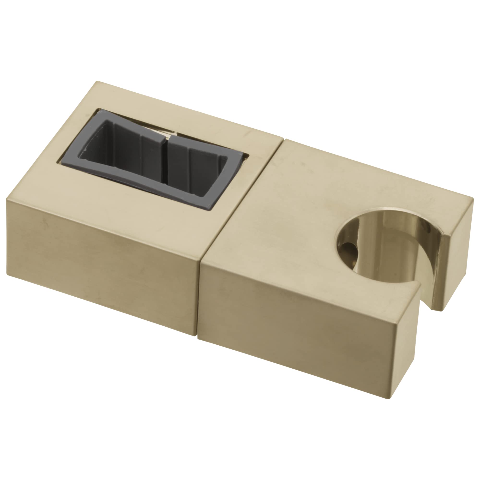 Champagne bronze slide bar mechanism with rectangular mounting bracket and cylindrical holder on cream-colored base.