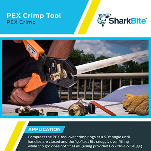 Sharkbite PEX crimping tool with orange handles being used to crimp fitting on white PEX tubing outdoors.
