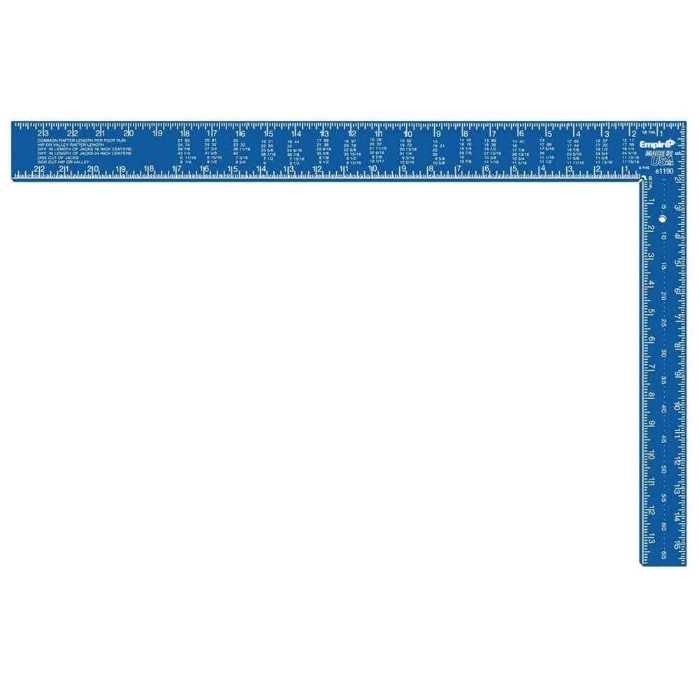 Blue framing square with white measurement markings and laser-etched numbers along both edges.