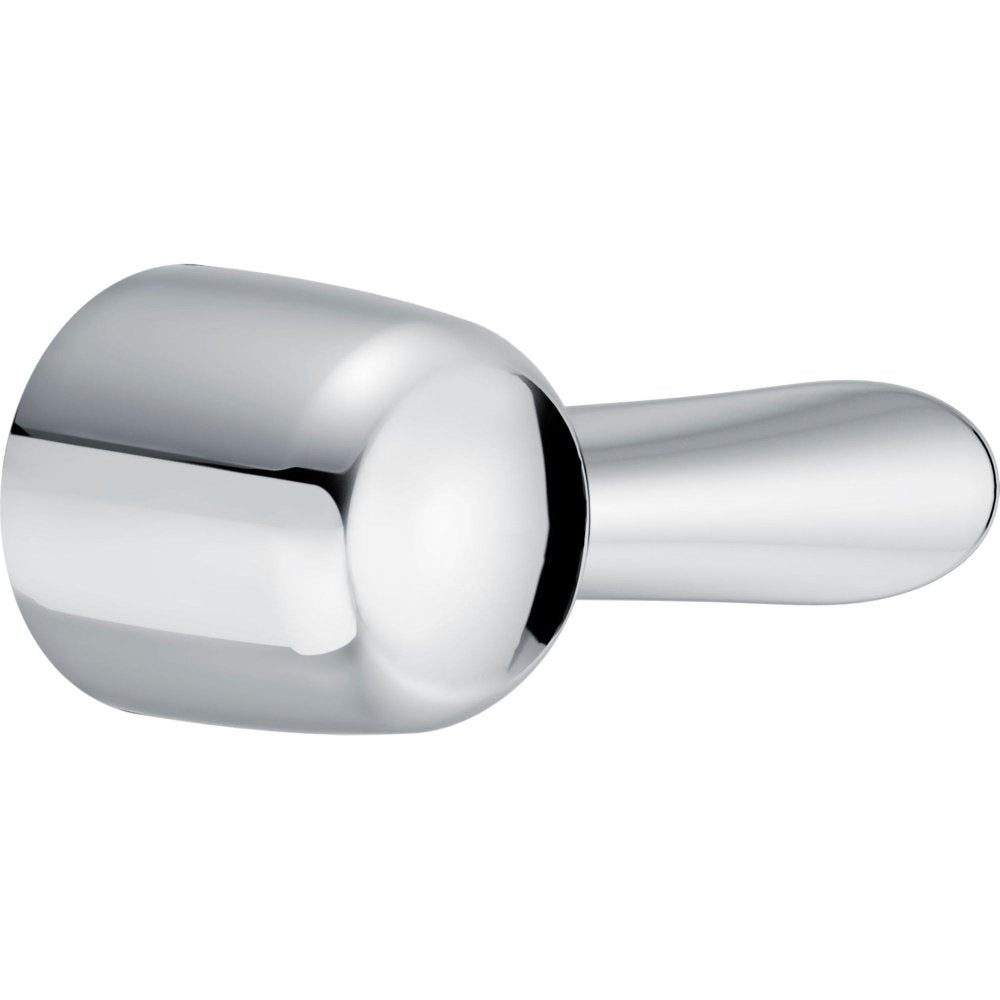 Chrome metal lever handle with cylindrical design and rounded base for faucet installation.