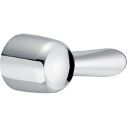 Chrome metal lever handle with cylindrical design and rounded base for faucet installation.