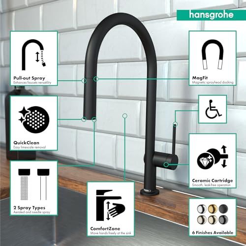 Matte black high-arc kitchen faucet with pull-down spray head and flexible hose mounted on wooden countertop.