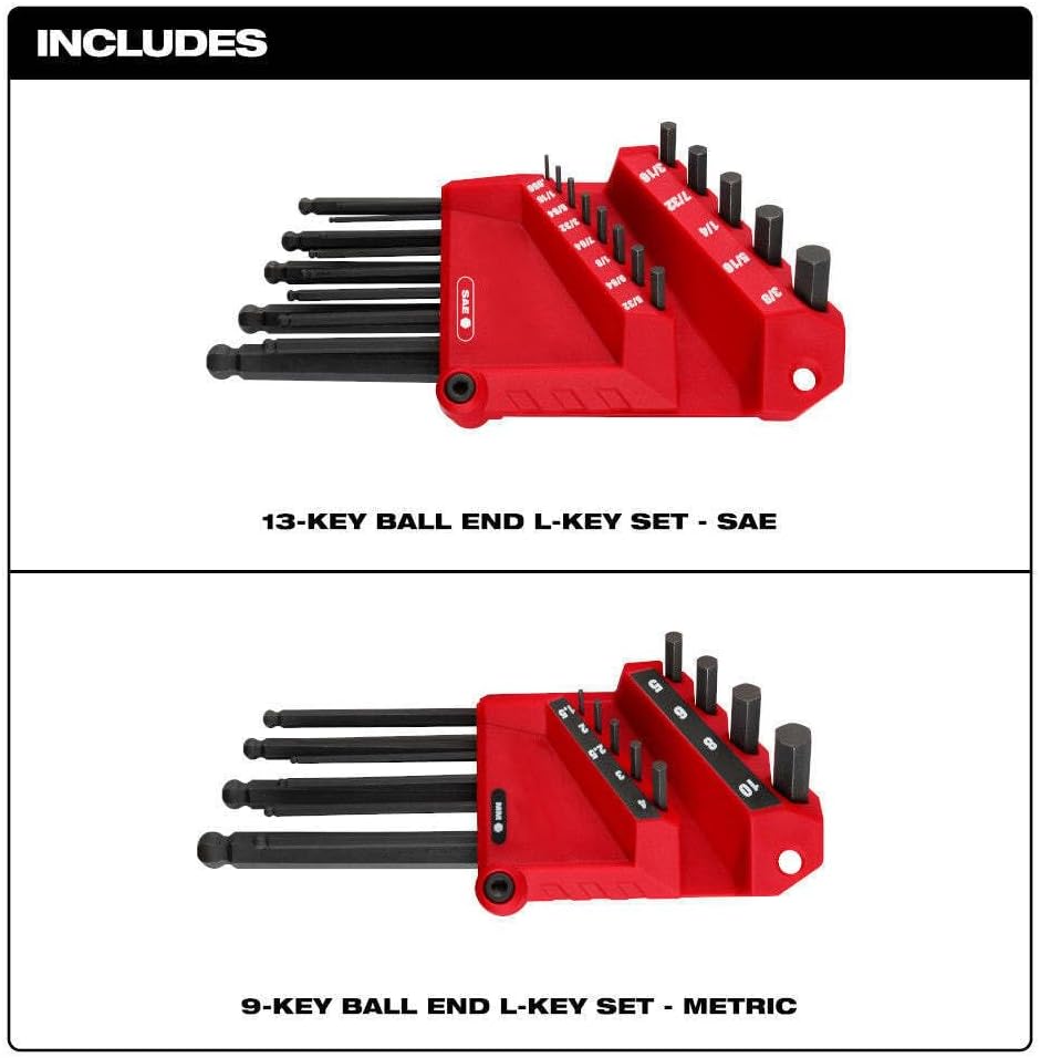 Red Milwaukee ball end L-key set organizer with 13 SAE keys and 9 metric keys displayed.