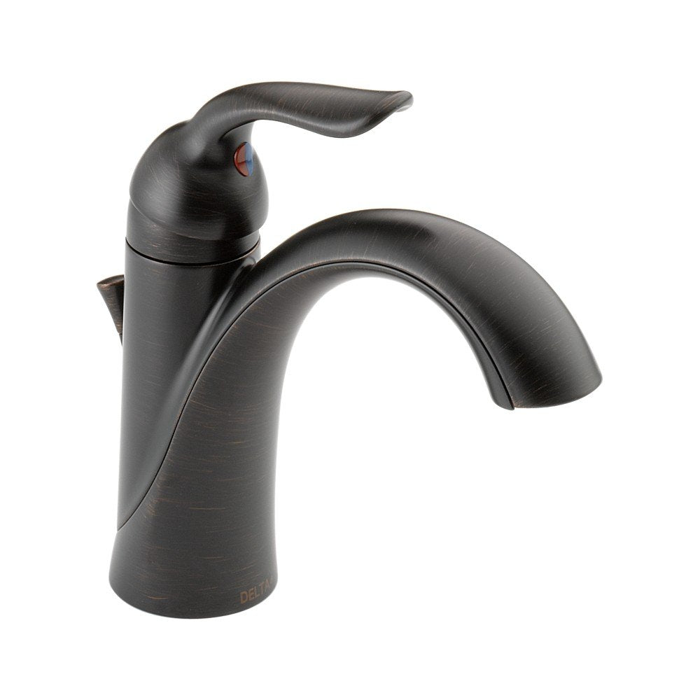 Brushed black single-handle bathroom faucet with curved spout and lever control.
