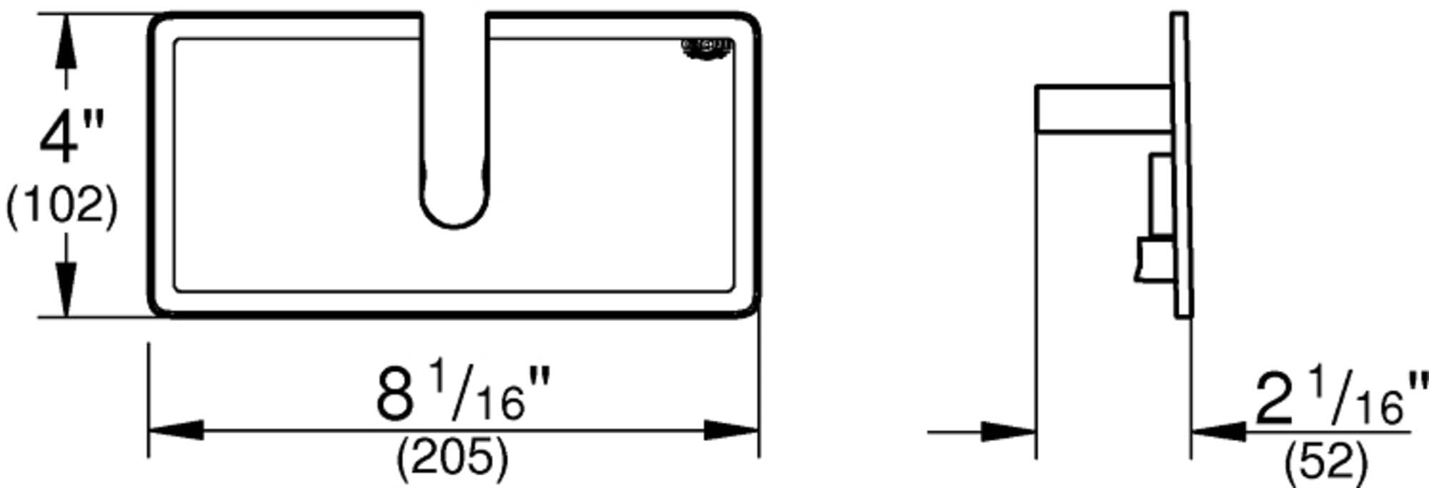 White rectangular shower tray with rounded corner drain, measuring 8 1/16" wide by 4" deep with 2 1/16" depth profile.