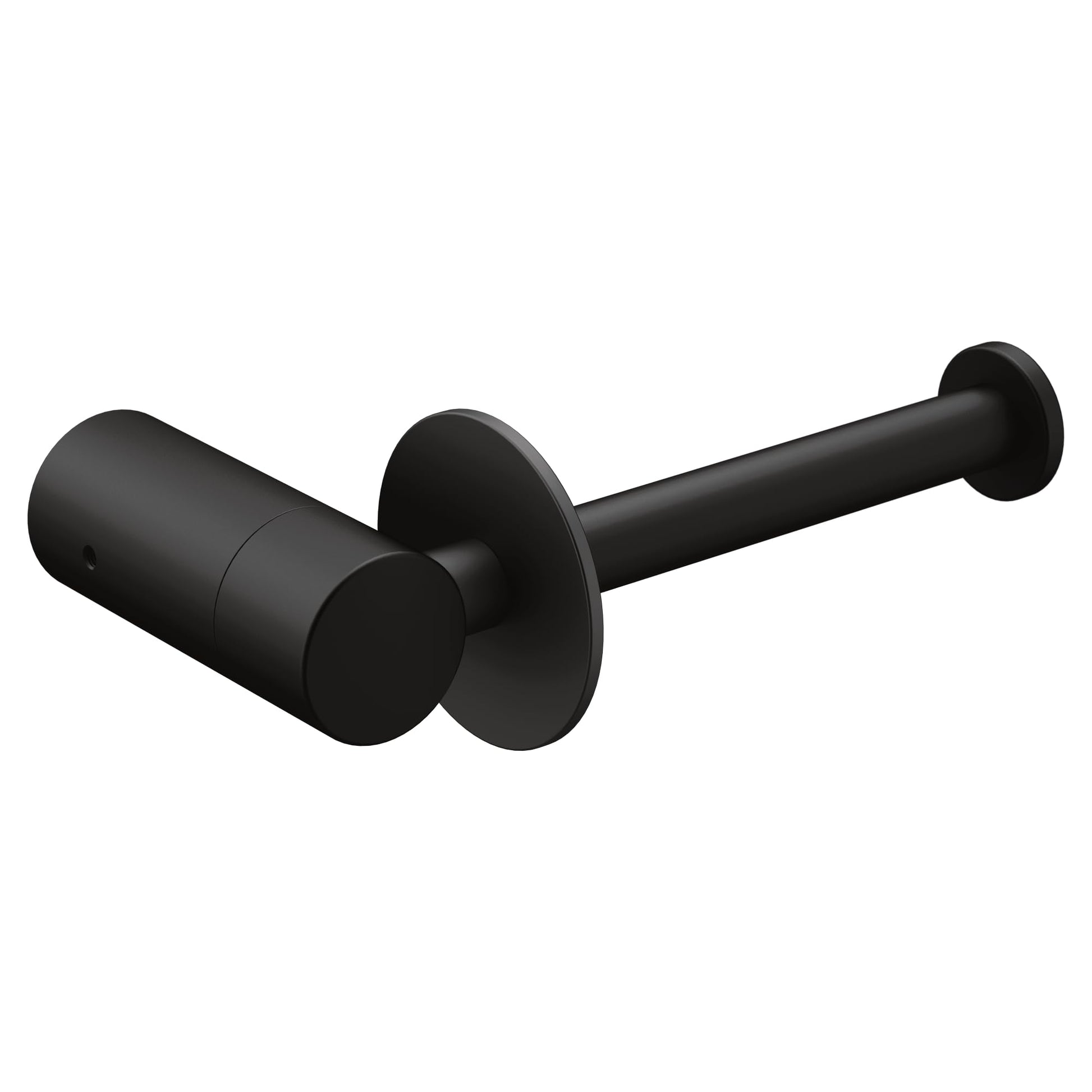Matte black single post toilet paper holder with cylindrical roller and round mounting flanges.
