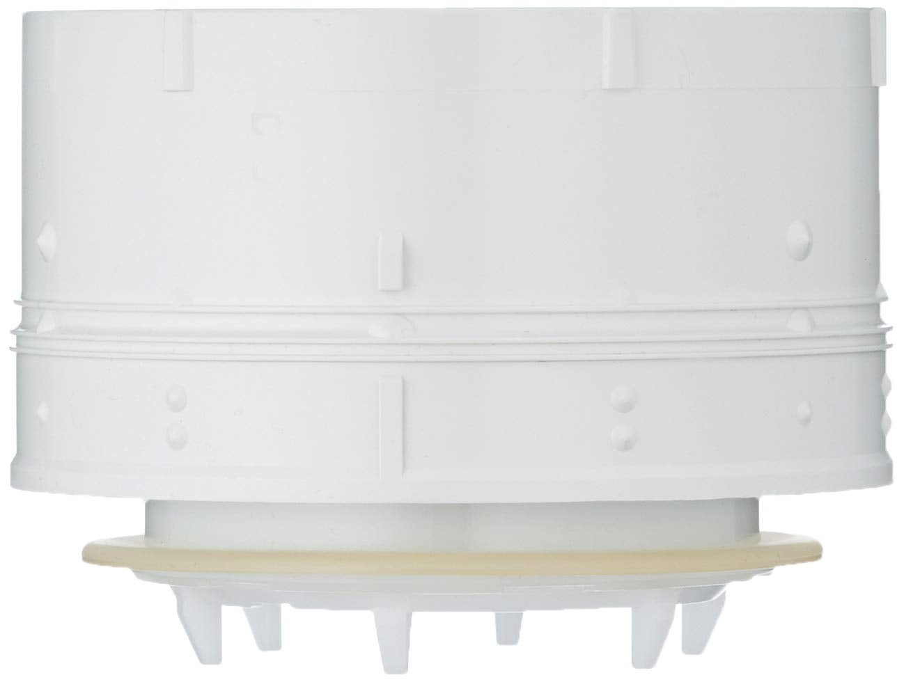 White cylindrical plastic piston component with tan rubber ring at base and mounting tabs.