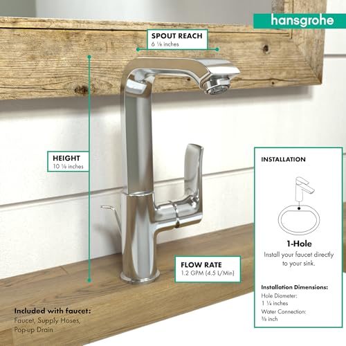 Chrome single-hole bathroom faucet with tall spout and lever handle mounted on wooden countertop.