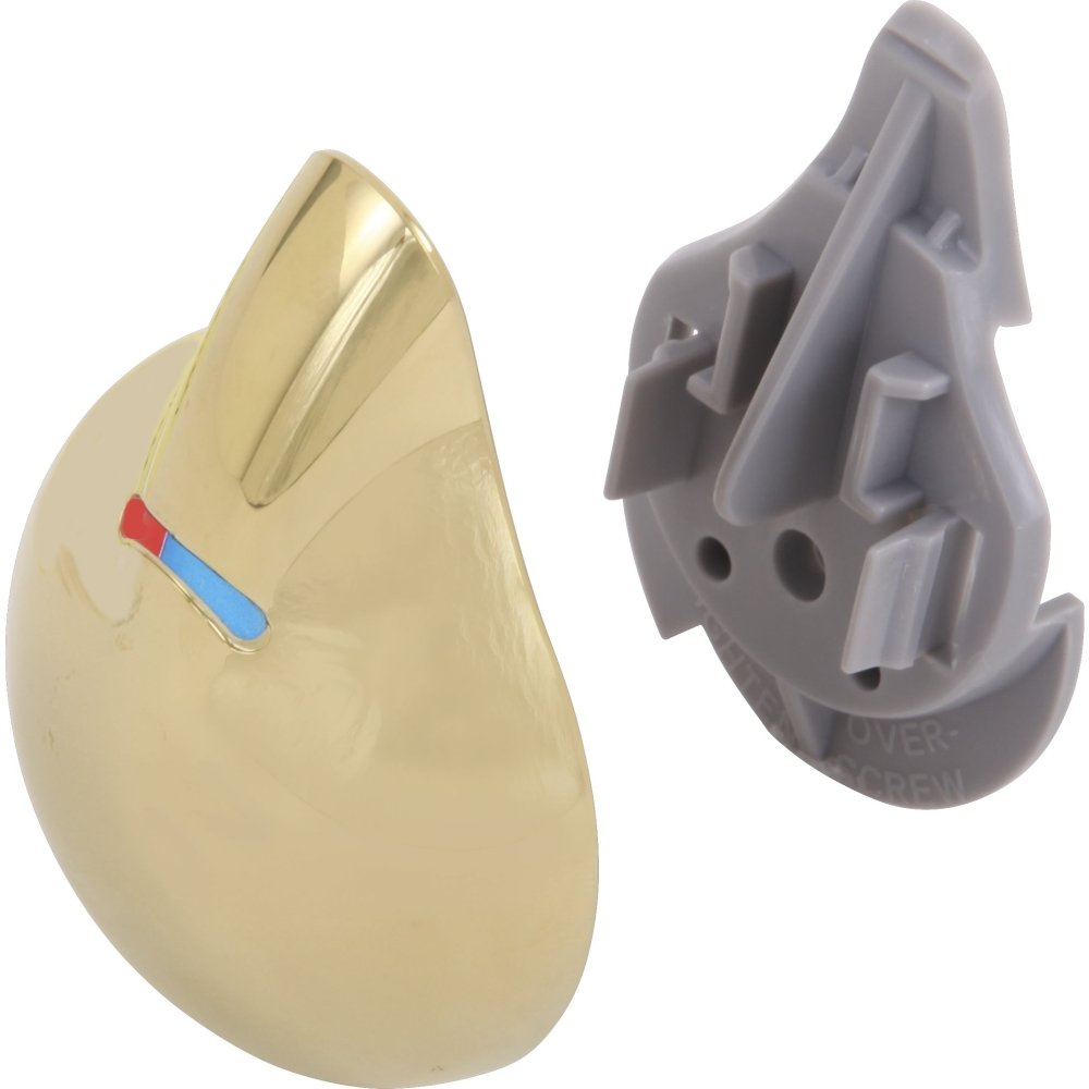 Polished brass temperature control knob with red and blue indicator strip, shown with gray plastic mounting cover.