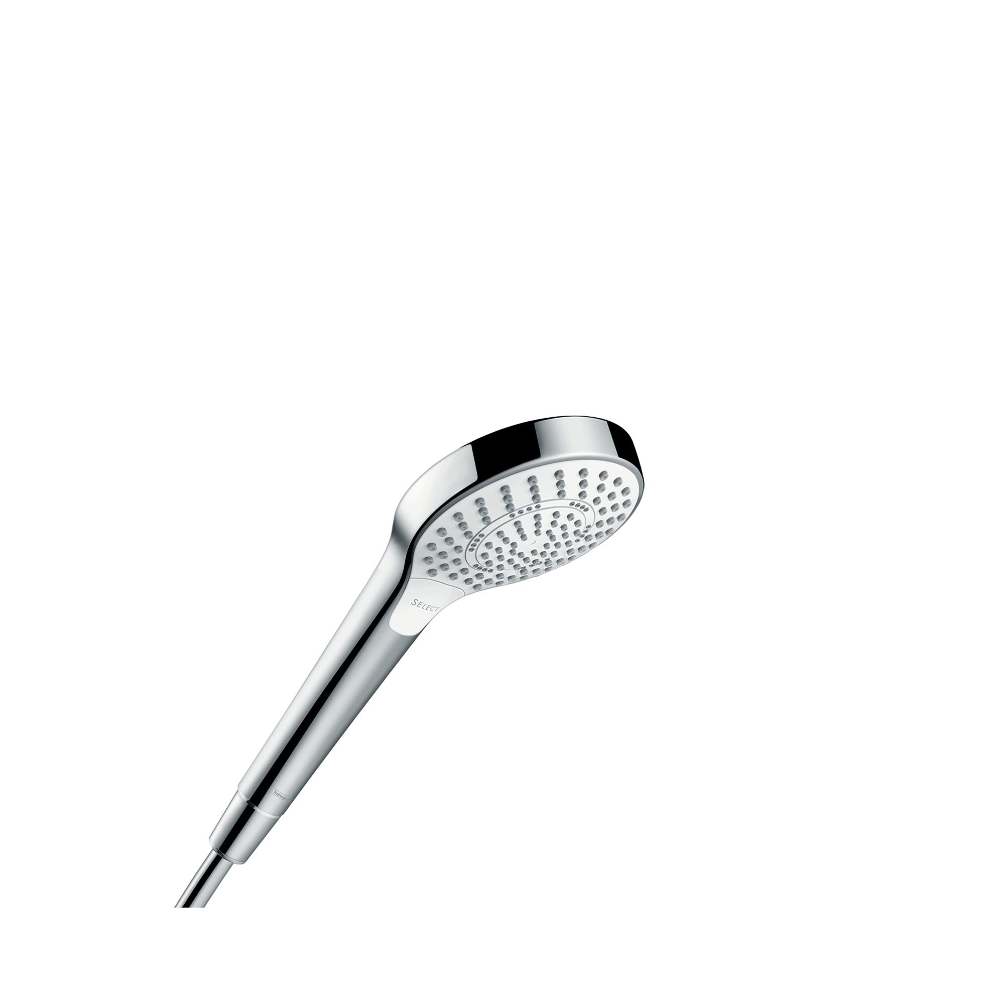 White and chrome handheld showerhead with perforated face and curved handle.
