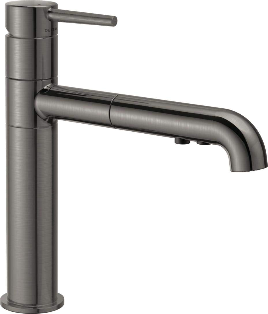 Stainless steel kitchen faucet with single handle and pull-out spout in brushed gray finish.