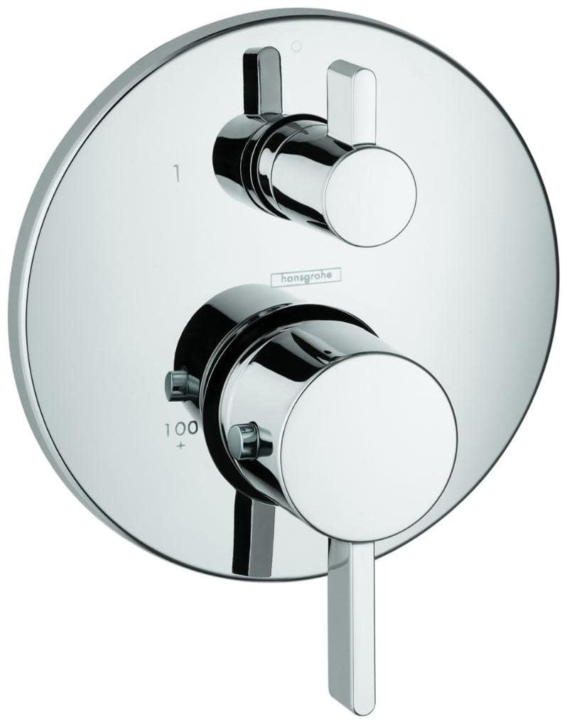 Chrome thermostatic valve trim with circular escutcheon plate, dual handles, and volume control dial marked at 100.