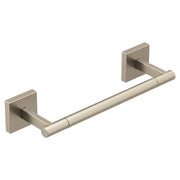Brushed nickel hand towel bar with square wall-mounted brackets and cylindrical rod.