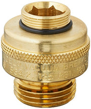 Brass vacuum breaker with textured band, threaded connection base, and internal rubber seal for outdoor faucet installation.