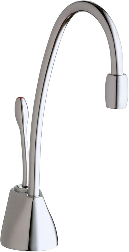 Chrome instant hot water dispenser faucet with curved spout and single lever handle on countertop base.