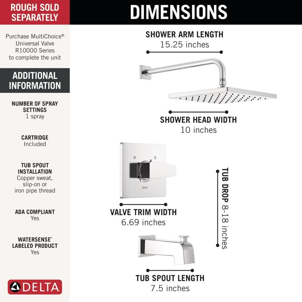 Chrome tub and shower trim with 10-inch showerhead, 15.25-inch arm, and valve control panel displaying dimensions.
