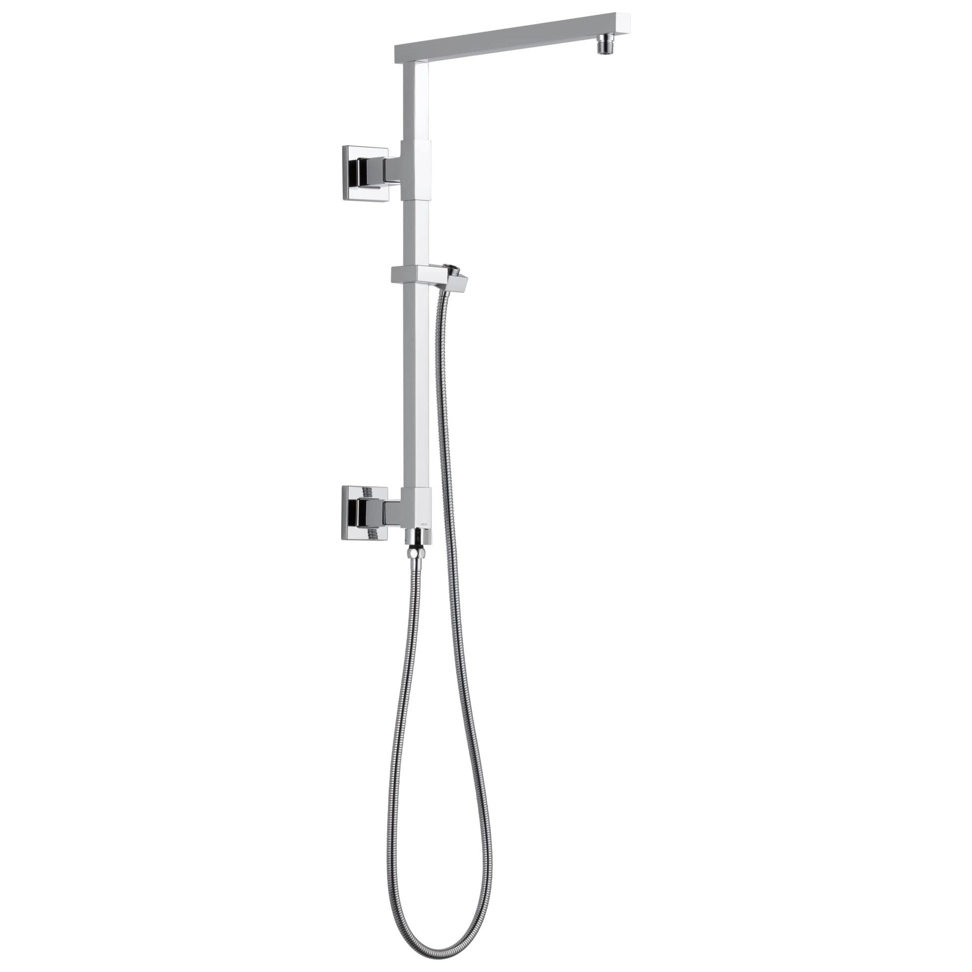 Chrome shower column with angular overhead arm, handheld showerhead, and control valves mounted on vertical rail.