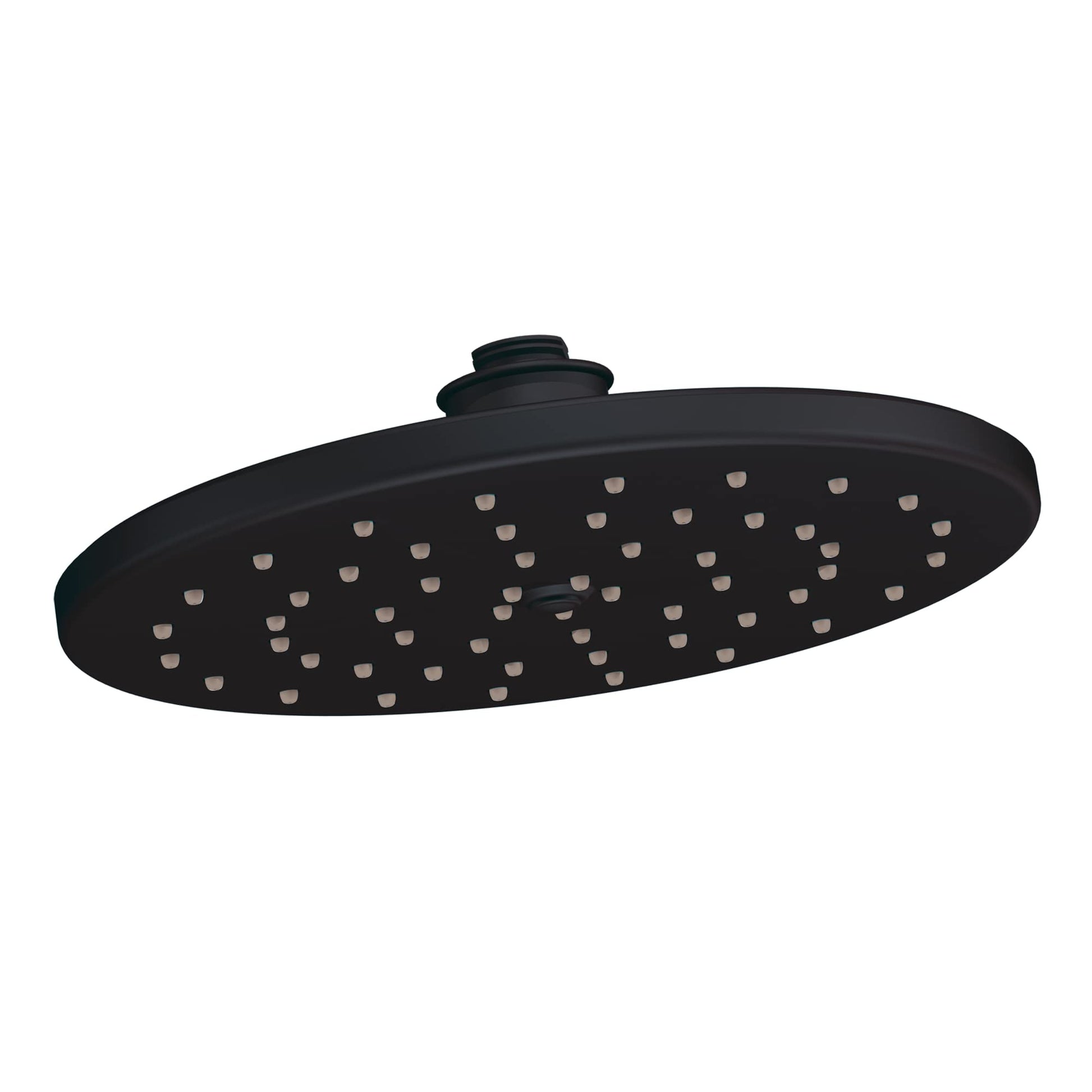 Large wrought iron oval showerhead with multiple spray nozzles and ceiling-mount connector.