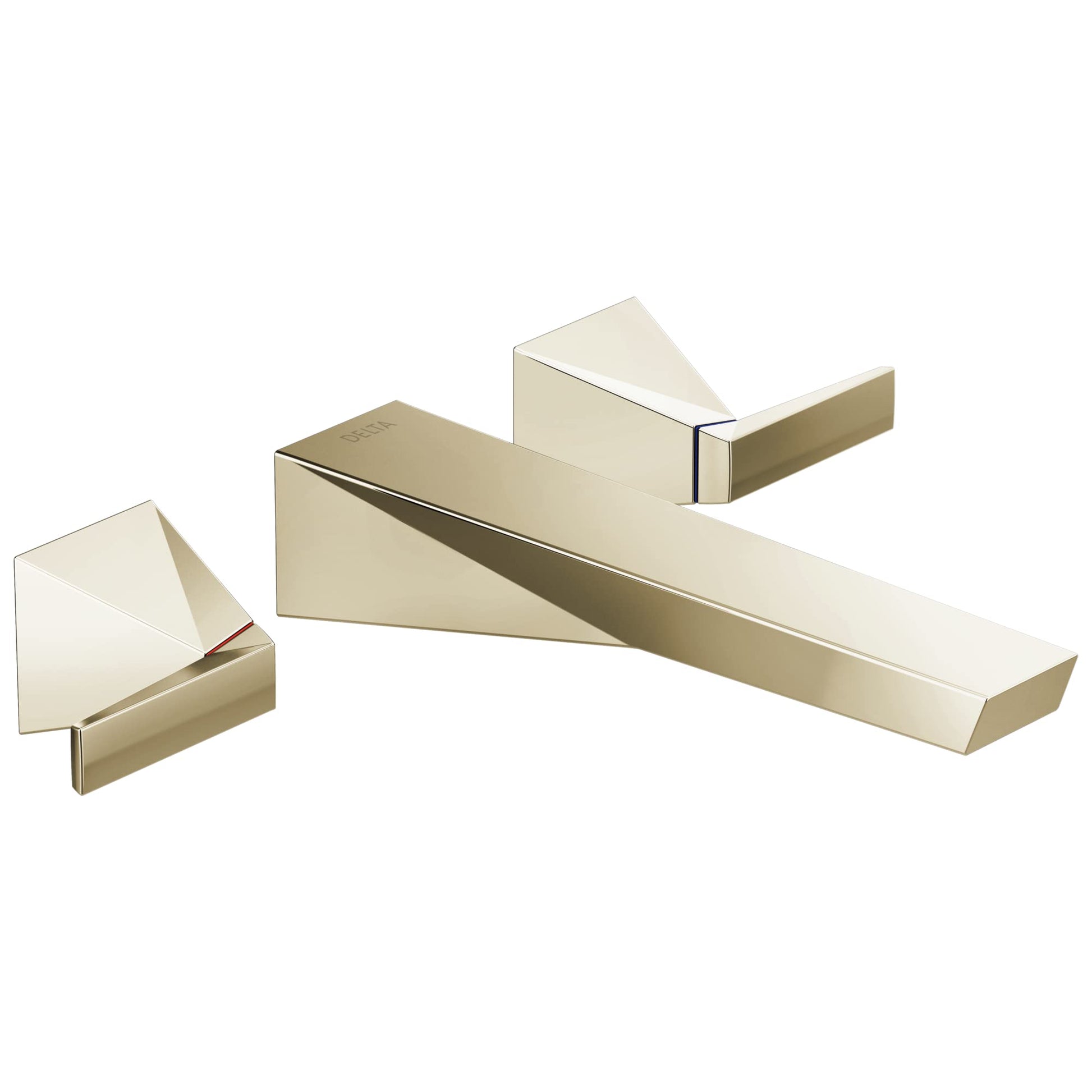 Chrome two-handle wall-mount faucet trim with angular geometric handles and elongated spout.