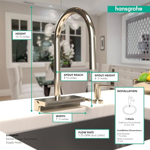 Polished nickel high-arc kitchen faucet with pull-down sprayer, shown installed over white sink in kitchen.
