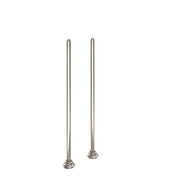 Two brushed nickel vertical pipe risers with round bases for freestanding tub filler installation.