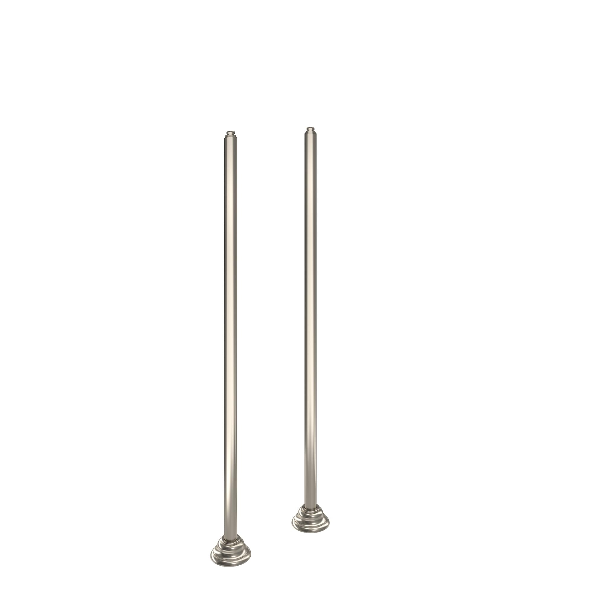 Two brushed nickel vertical pipe risers with round bases for freestanding tub filler installation.