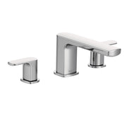 Chrome two-handle roman tub faucet trim with modern design and curved spout handles.