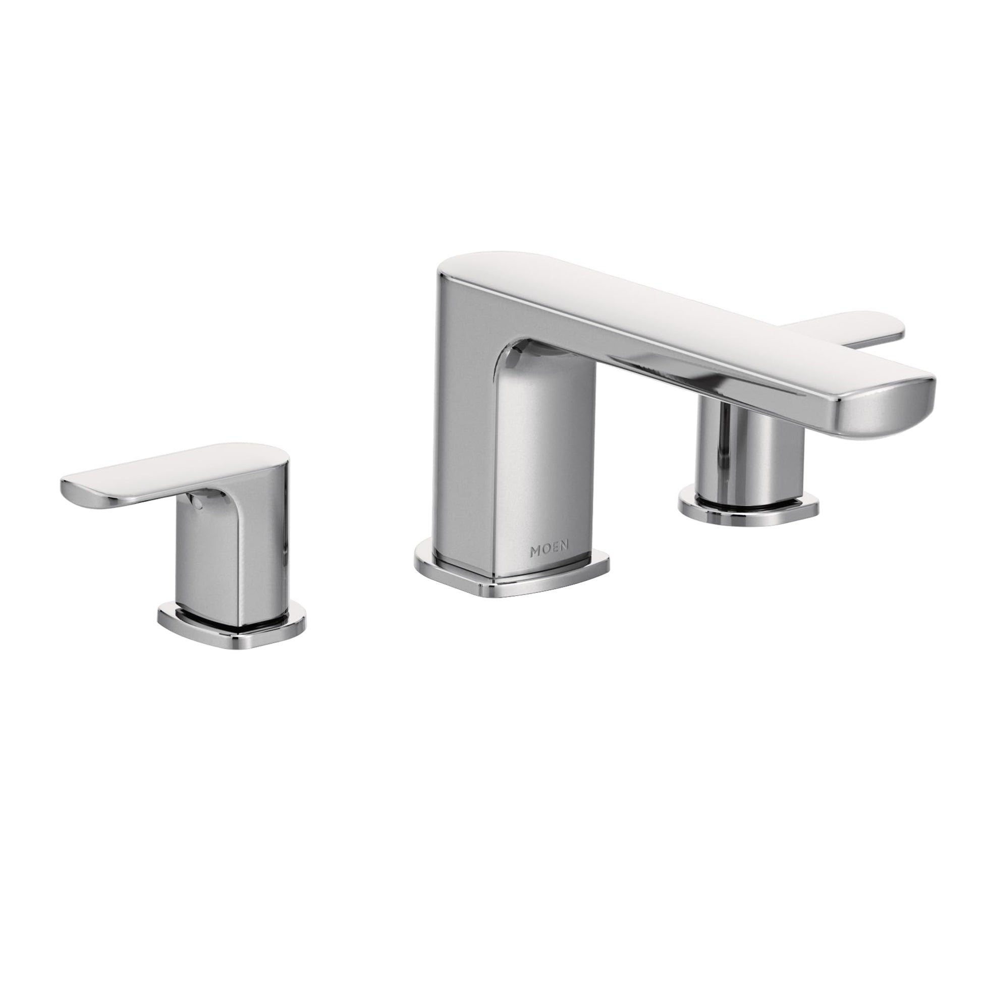Chrome two-handle roman tub faucet trim with modern design and curved spout handles.