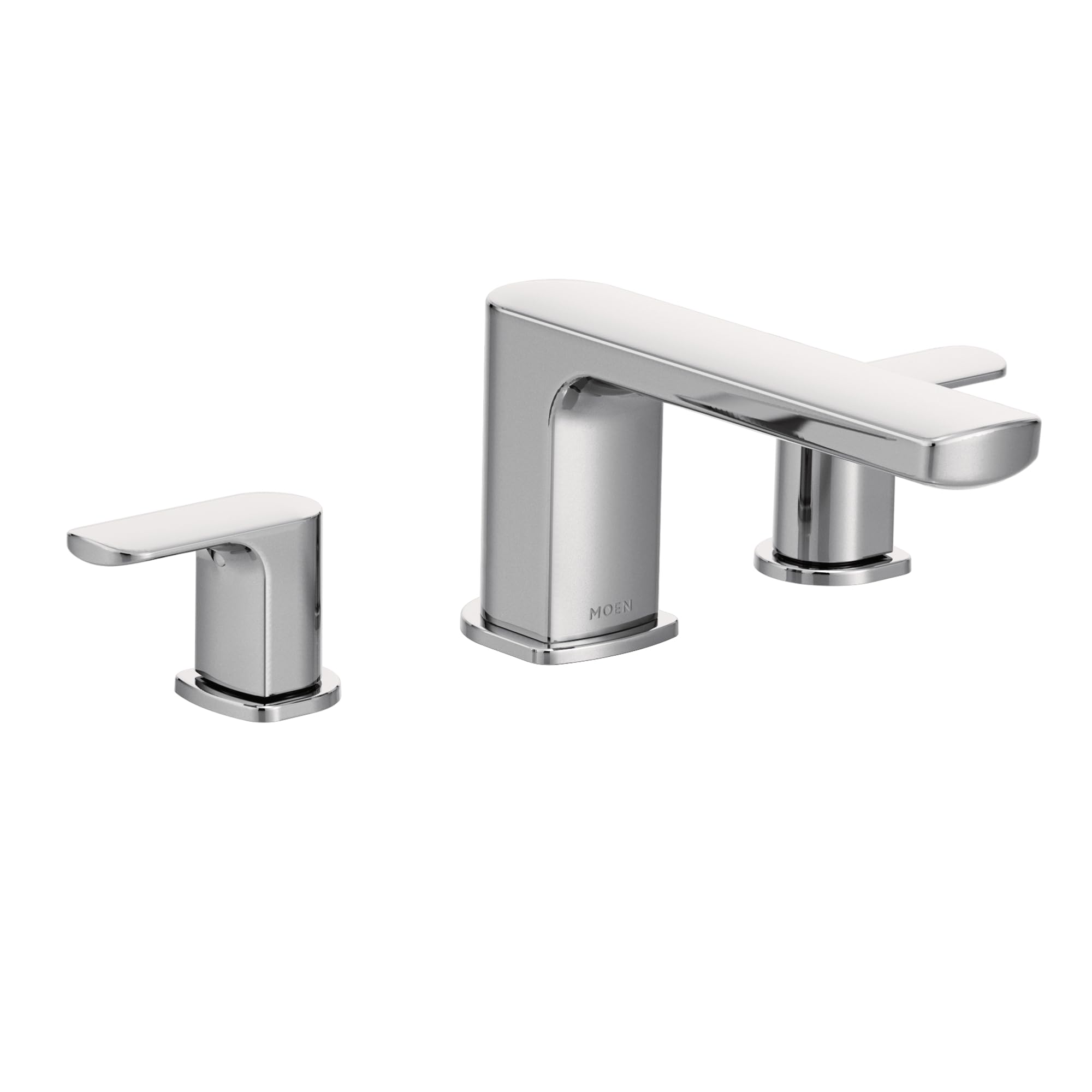 Chrome two-handle roman tub faucet trim with modern design and curved spout handles.