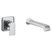 Chrome wall-mounted tub faucet with single handle lever and curved spout, shown as separate valve and spout components.