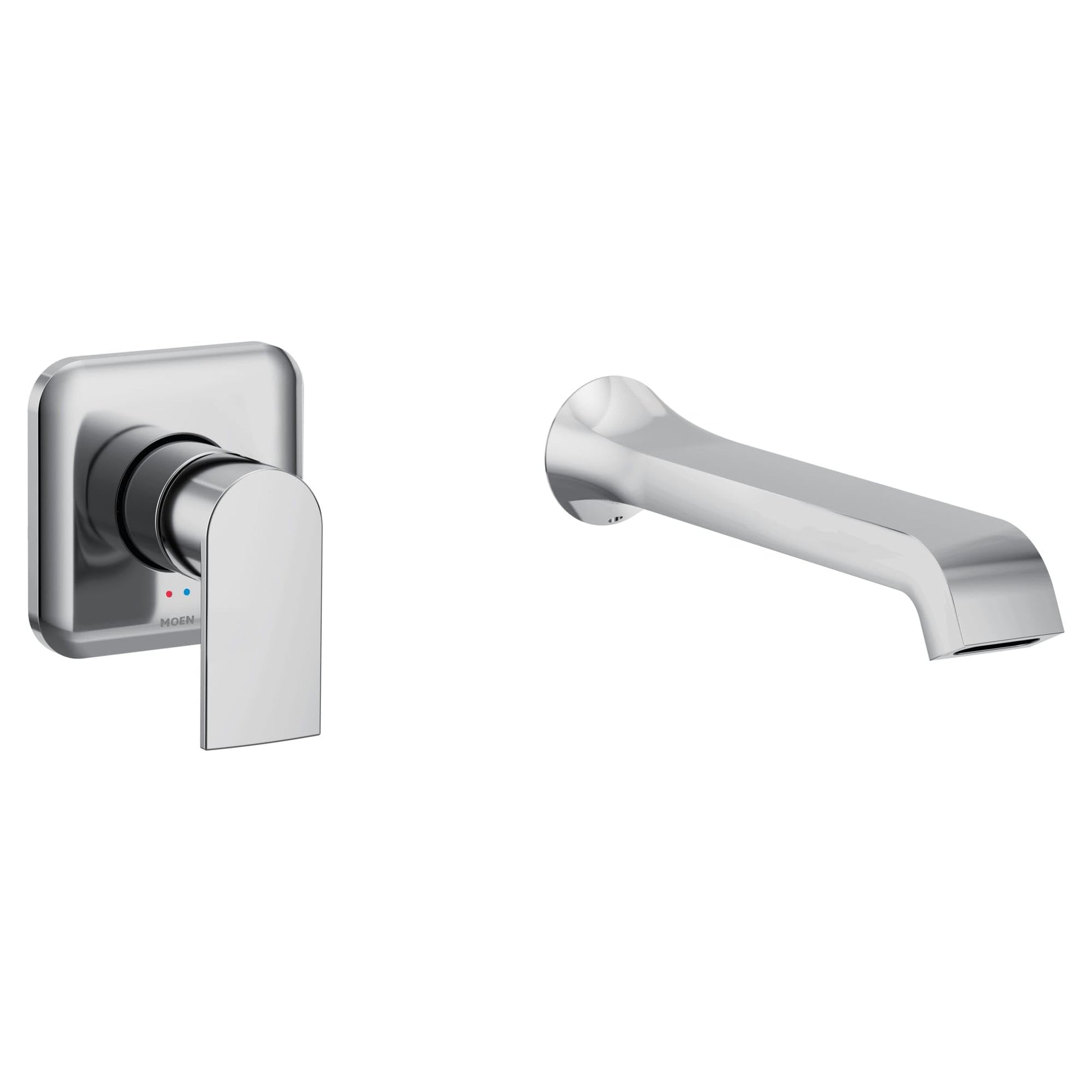 Chrome wall-mounted tub faucet with single handle lever and curved spout, shown as separate valve and spout components.