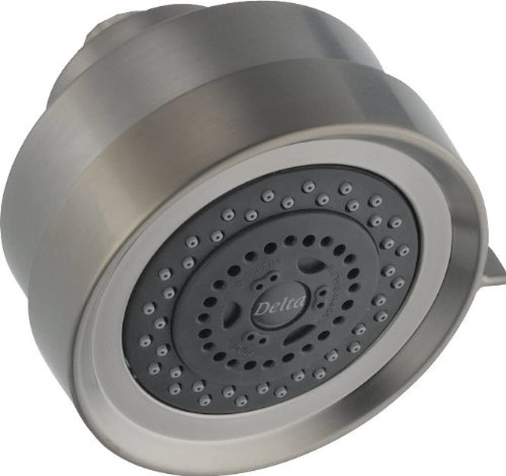 Stainless steel shower head with multiple spray nozzles and Delta branding on dark faceplate.