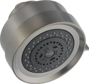 Stainless steel shower head with multiple spray nozzles and Delta branding on dark faceplate.