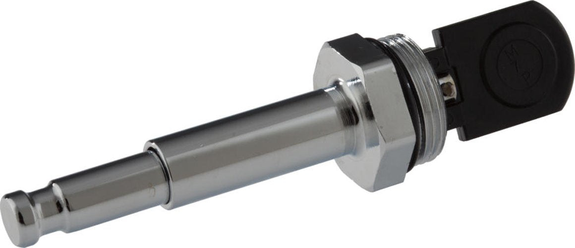 Chrome push-button diverter valve with black button and cylindrical metal stem for tub and shower.
