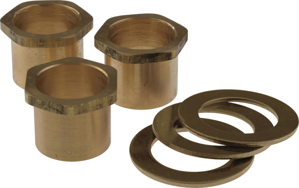 Three brass cylindrical bushings and two brass washers for thick tile faucet mounting.
