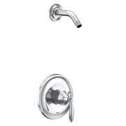 Chrome shower trim kit with single handle lever control, curved shower arm, and round escutcheon plate.