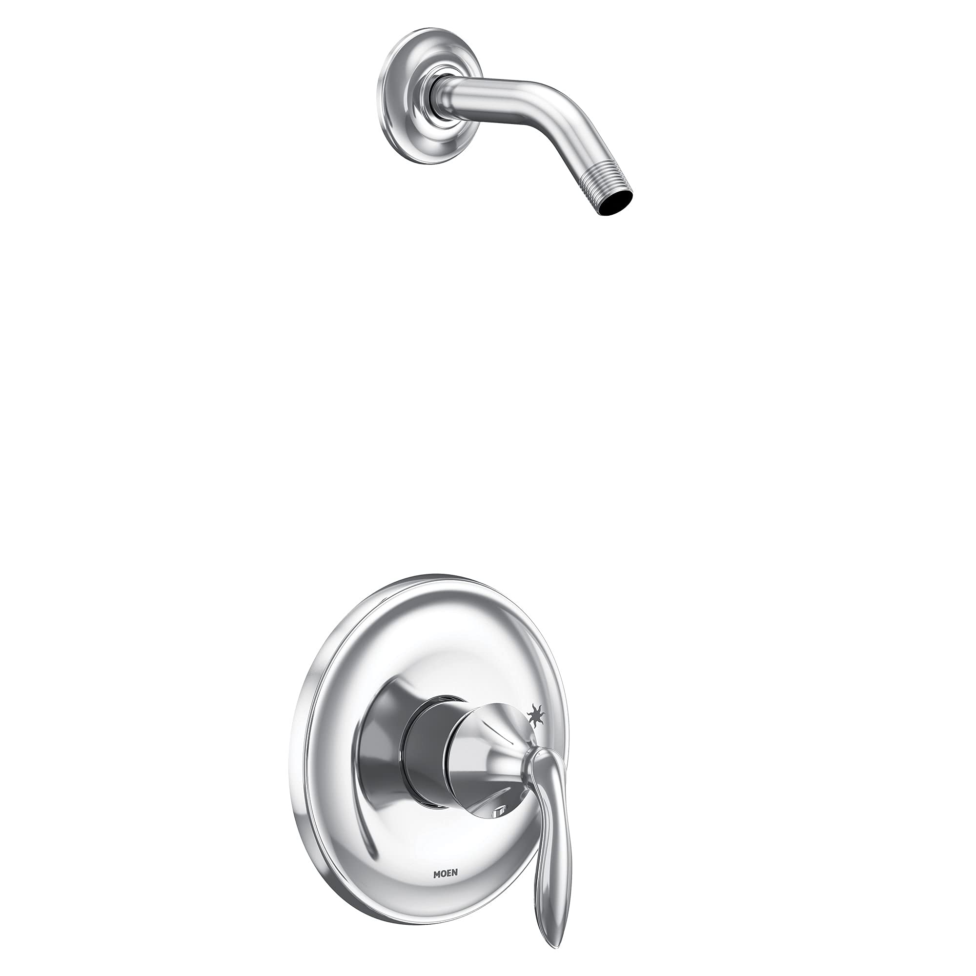 Chrome shower trim kit with single handle lever control, curved shower arm, and round escutcheon plate.