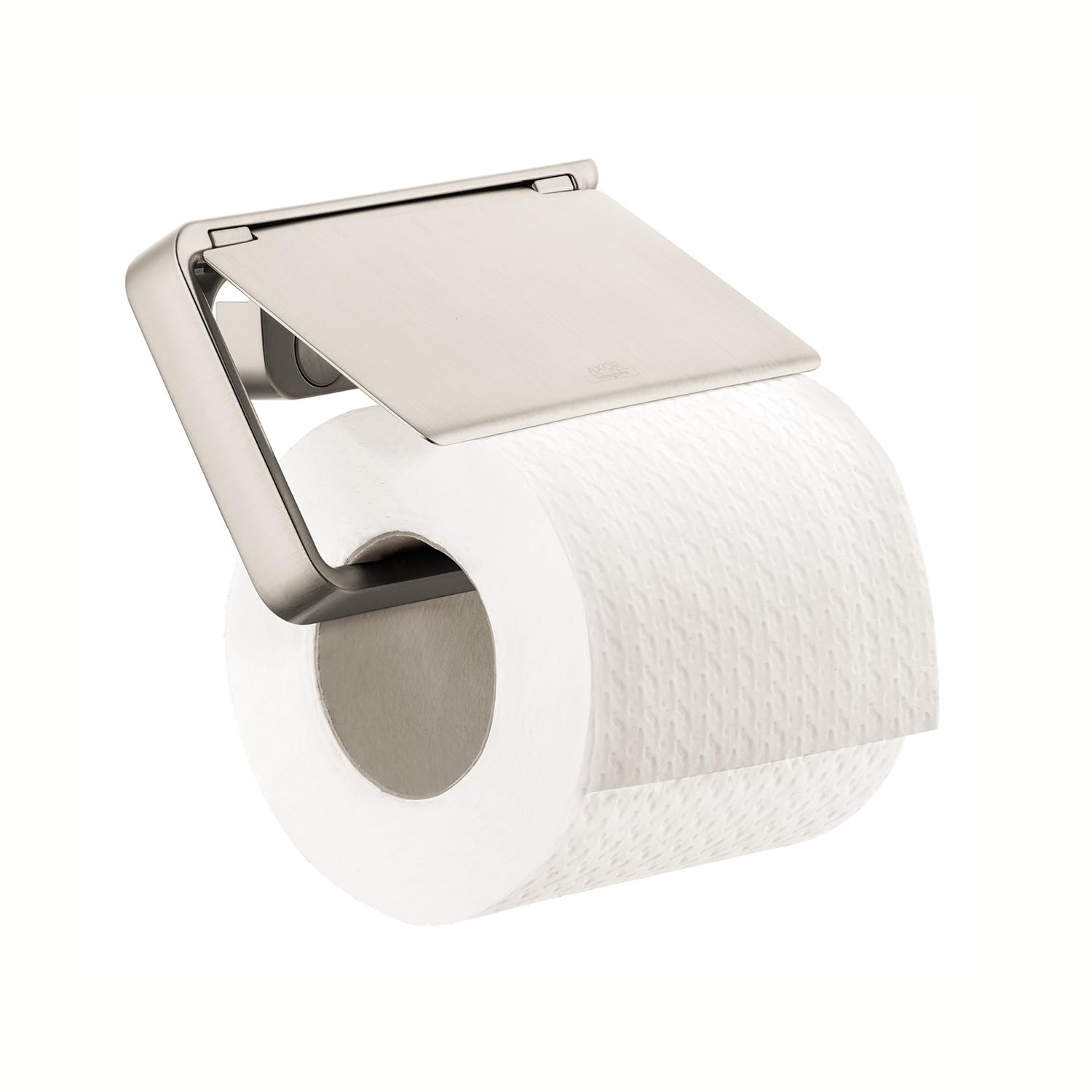 Brushed nickel toilet paper holder with hinged cover and roll of white tissue paper installed.