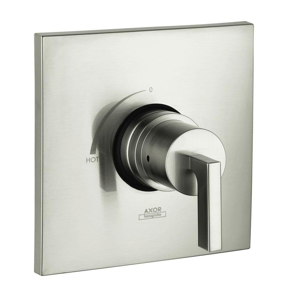 Brushed nickel pressure balance trim with square backplate, single lever handle, and temperature dial marked 0 to hot.